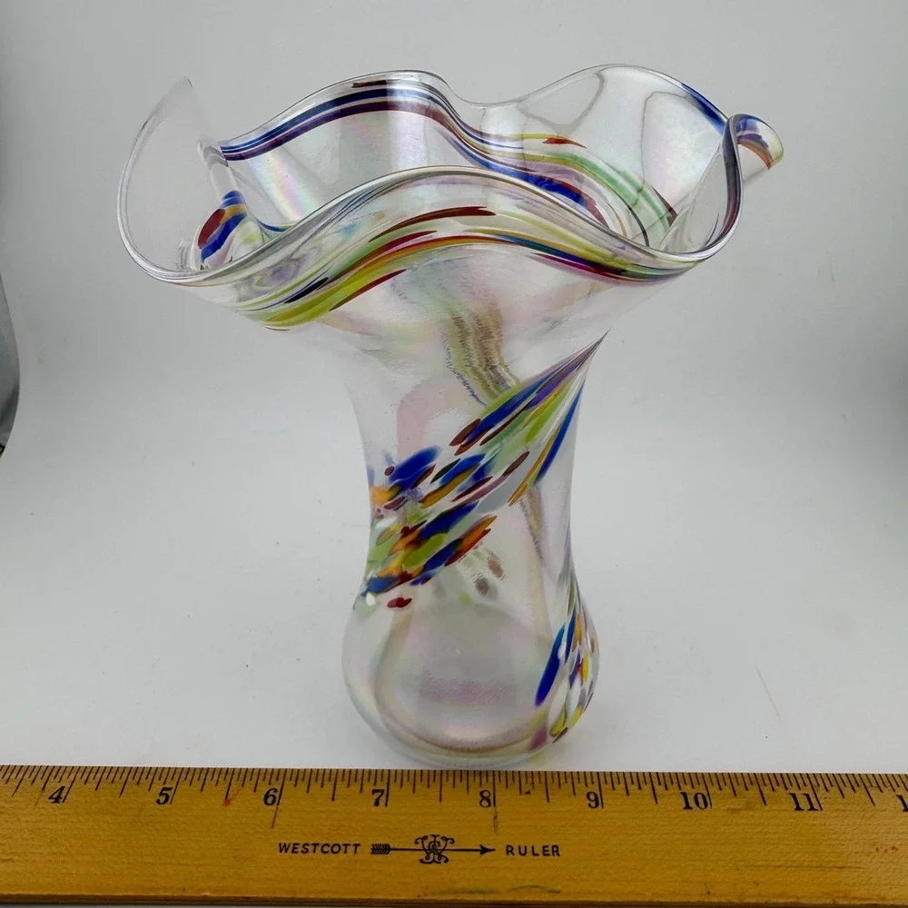 Murano Hand Blown Art Glass Vase Medium Multicolor Iridescent Ruffled Confetti